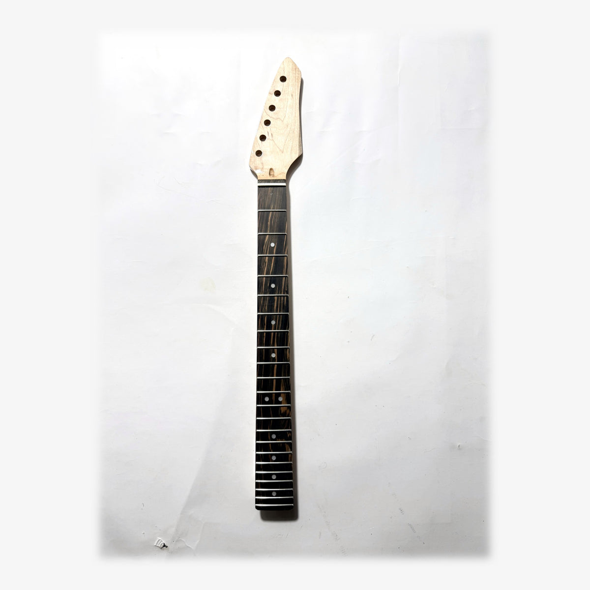 Sword headstock guitar neck in clear gloss varnish, front with the ebony fretboard