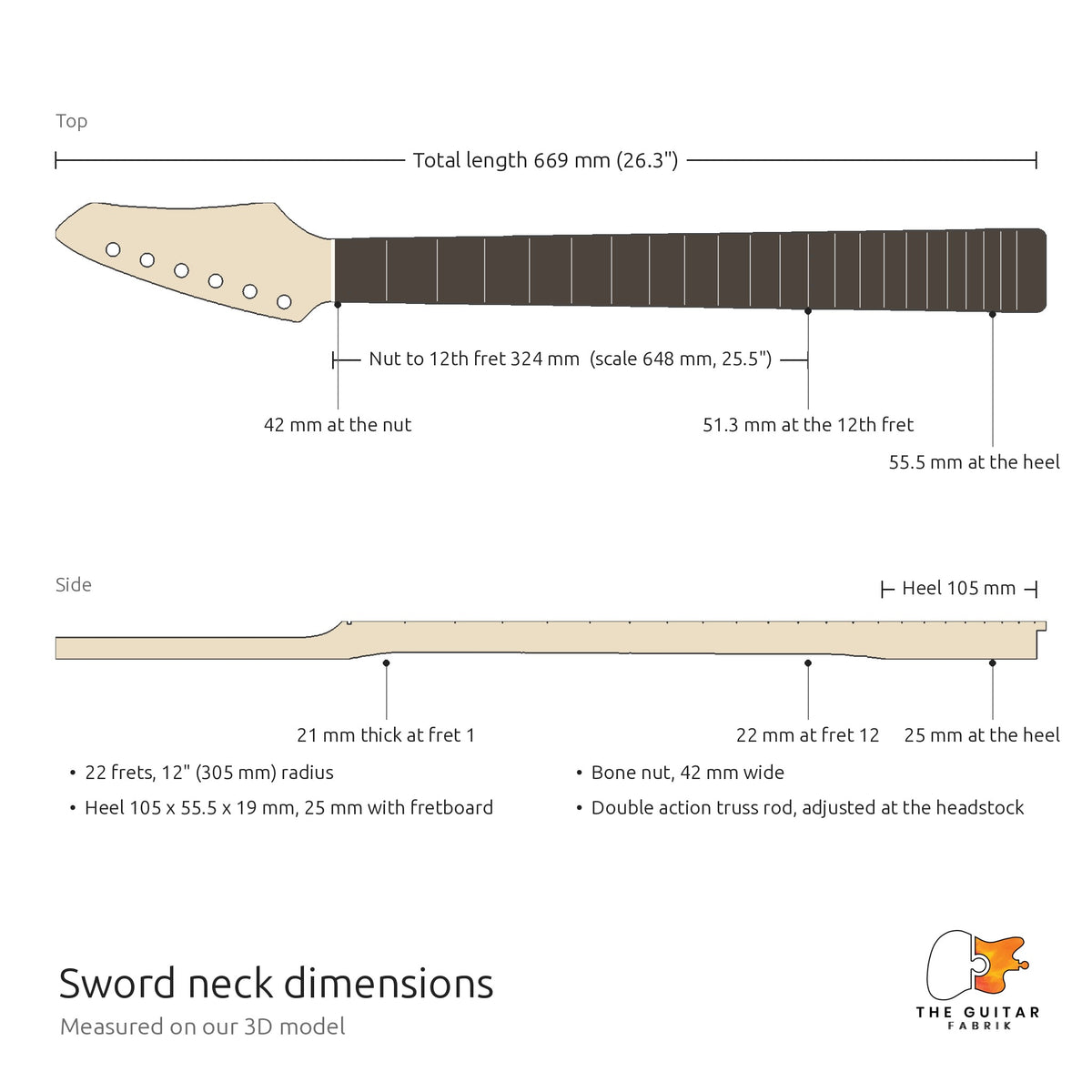 Maße des Sword-Halses: 669 mm lang, Sattel 42 mm, Mensur 648 mm, Halsfuß 105 x 55,5 mm