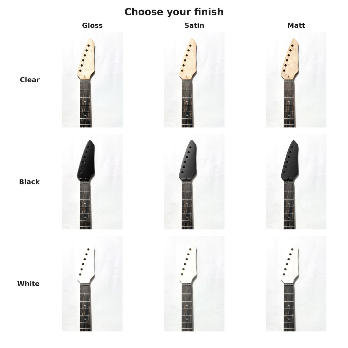 Sword headstock neck finish chart: clear, black or white in gloss, satin or matt