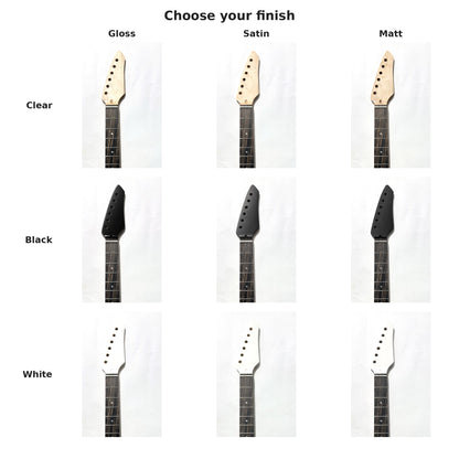 Sword headstock neck finish chart: clear, black or white in gloss, satin or matt