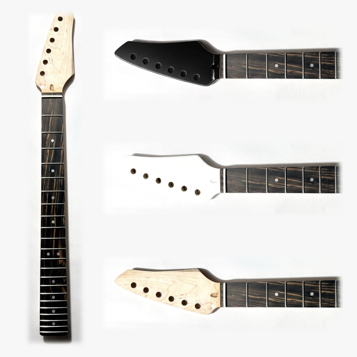 Sword headstock guitar neck in natural maple, with the headstock in black, white and natural varnish