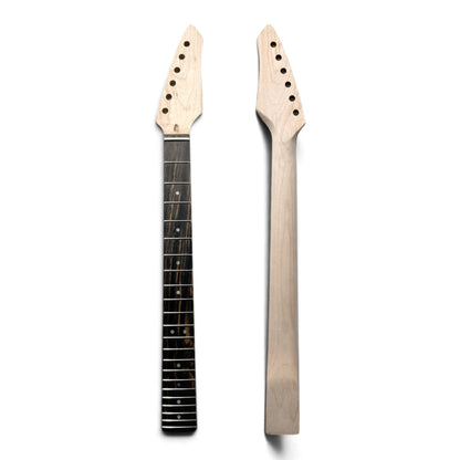 Sword headstock guitar neck in natural maple, with the headstock in black, white and natural varnish