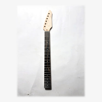 Sword headstock guitar neck in unfinished bare maple, front with the ebony fretboard