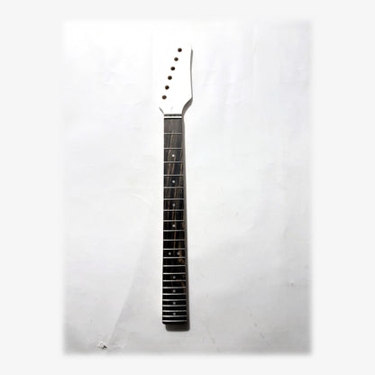 Sword headstock guitar neck in white gloss paint, front with the ebony fretboard