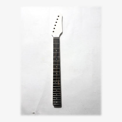 Sword headstock guitar neck in white matt paint, front with the ebony fretboard