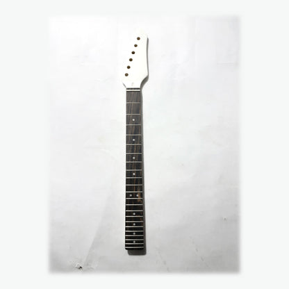 Sword headstock guitar neck in white satin paint, front with the ebony fretboard
