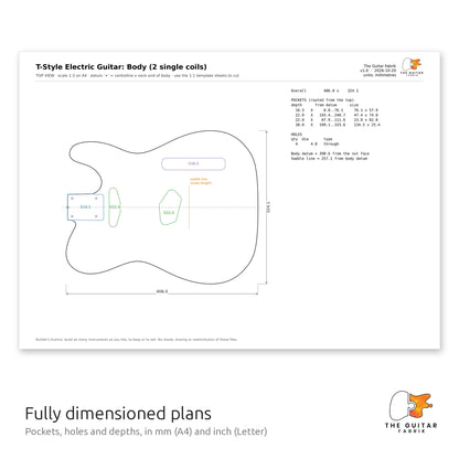 Dimensioned body drawing with pocket depths and holes, T-style guitar plans