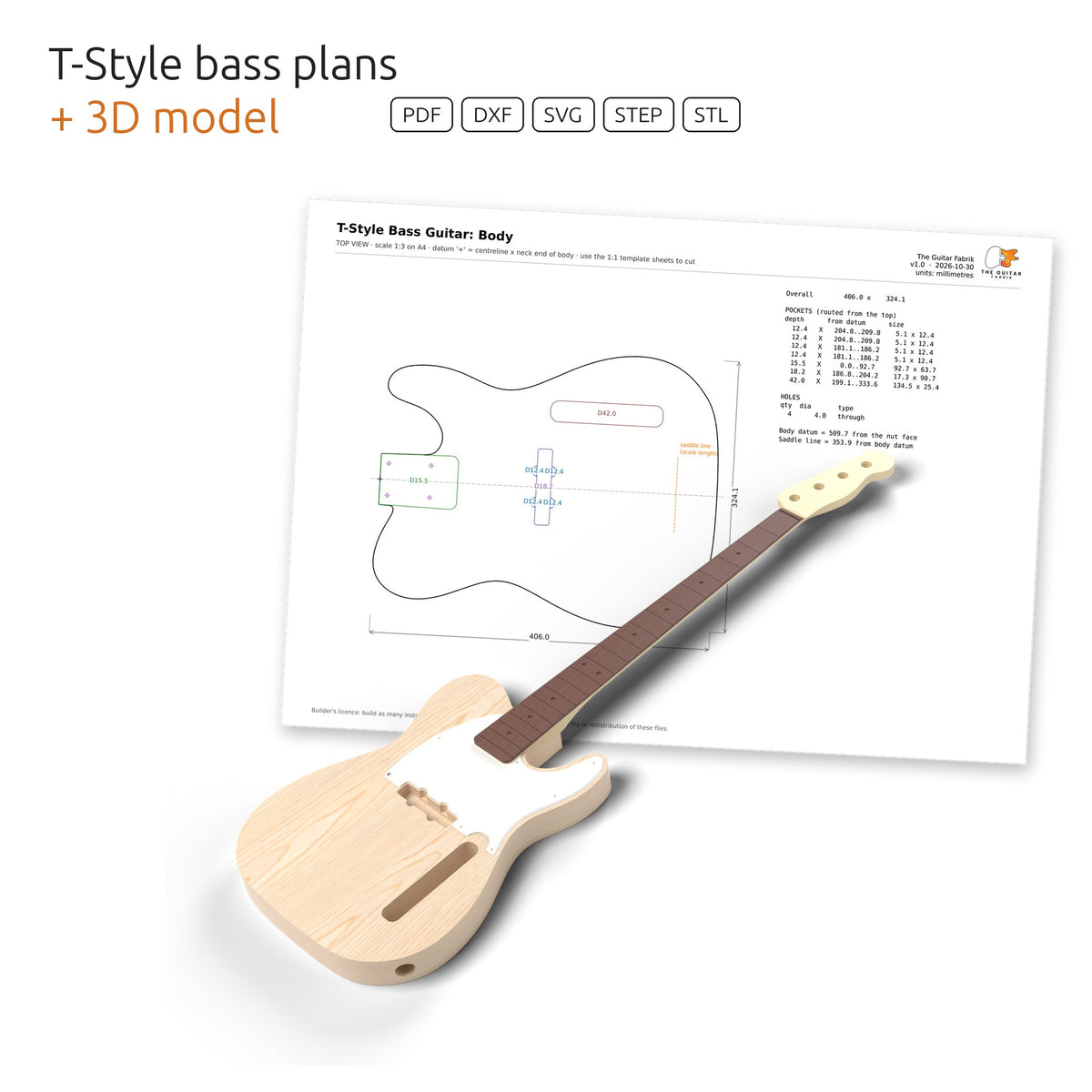 T-Style bass guitar 3D model in front of its dimensioned body plan