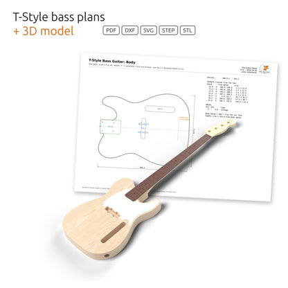 T-Style bass guitar 3D model in front of its dimensioned body plan