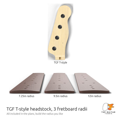 TGF T-Style headstock and three fretboard radii included in the T-Style bass plans