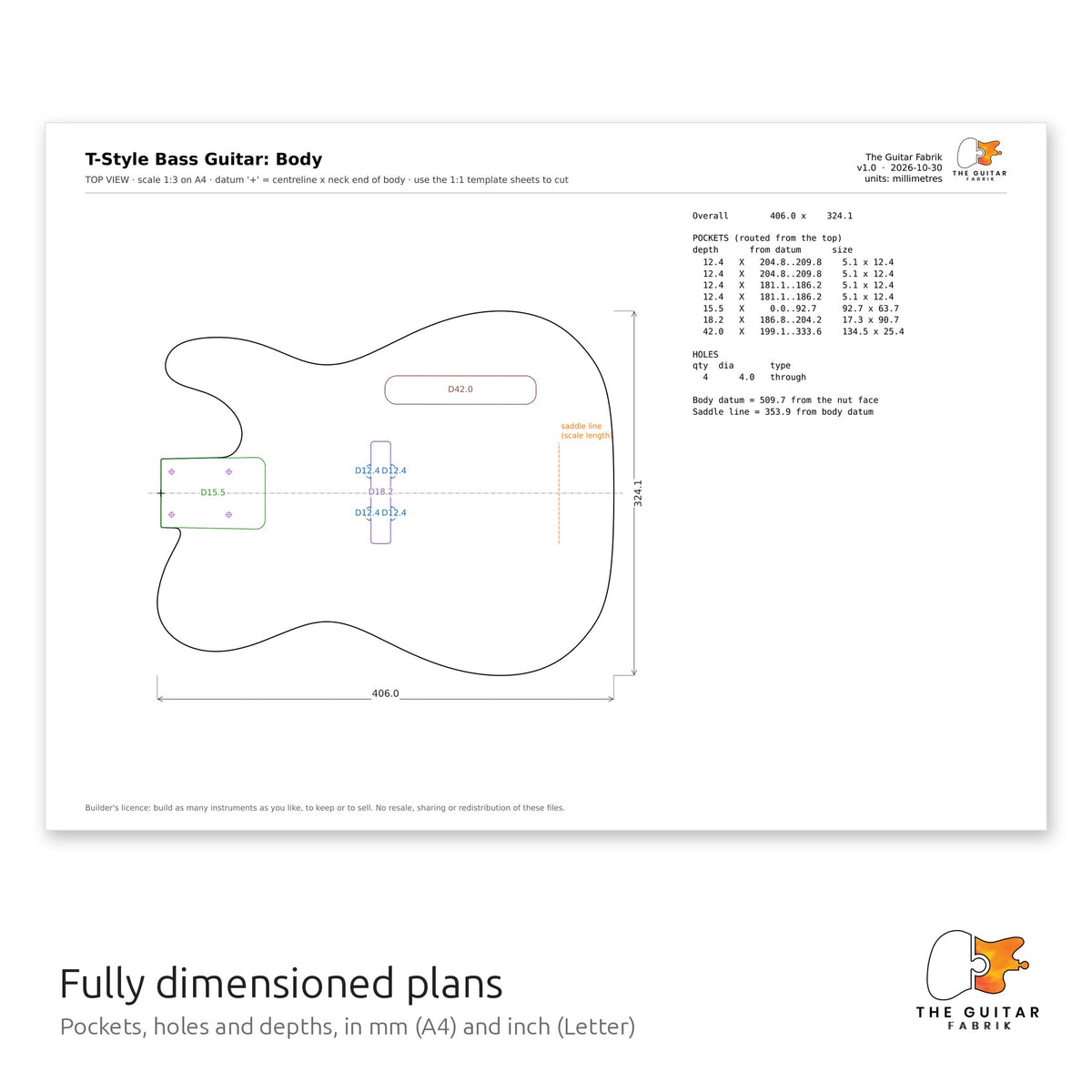 Dimensioned body drawing with pocket depths and holes, T-Style bass guitar plans