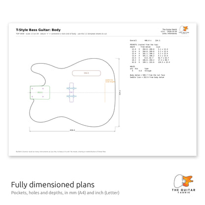 Dimensioned body drawing with pocket depths and holes, T-Style bass guitar plans