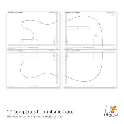 1:1 T-Style bass body templates tiled on printed sheets