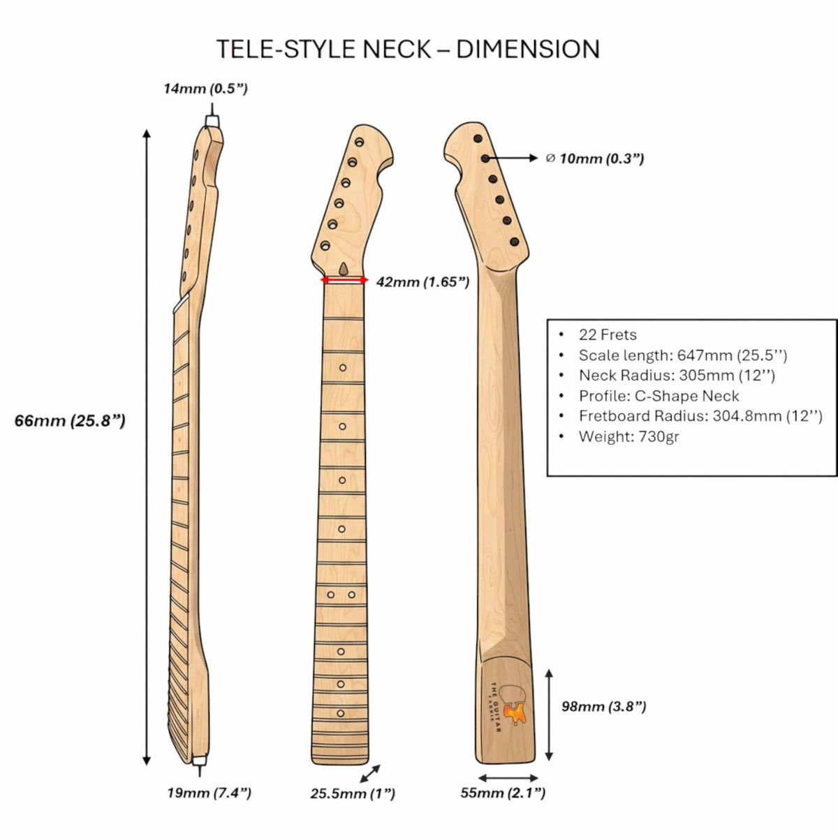 Diagram of a Tele-style guitar neck with dimensions labeled of the whole neck for customer to refer to its technical specs 