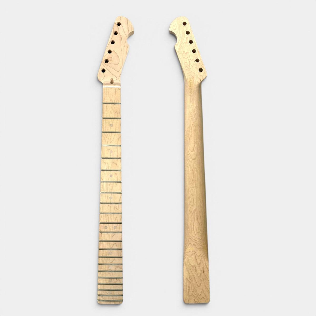 front and back side of Tele guitar neck made of maple wood showcasing frets, bone nut, pre-drilled headstock holes and pre-cut headshape