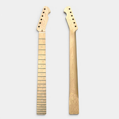 front and back side of Tele guitar neck made of maple wood showcasing frets, bone nut, pre-drilled headstock holes and pre-cut headshape