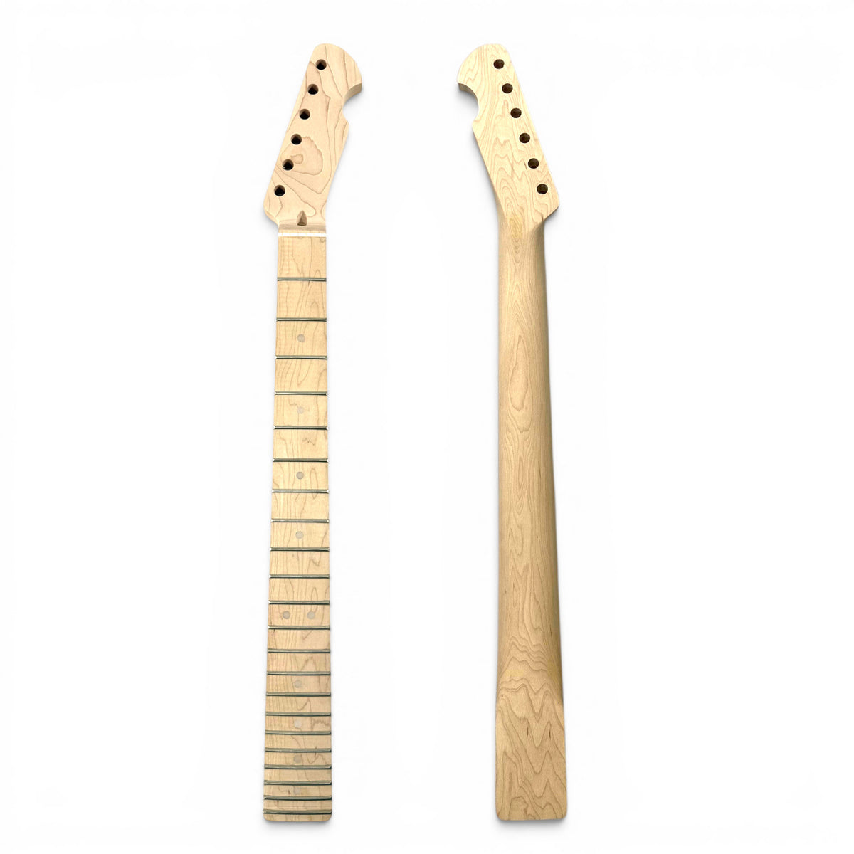 front and back side of Tele guitar neck made of maple wood showcasing frets, bone nut, pre-drilled headstock holes and pre-cut headshape