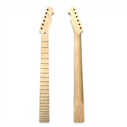 front and back side of Tele guitar neck made of maple wood showcasing frets, bone nut, pre-drilled headstock holes and pre-cut headshape