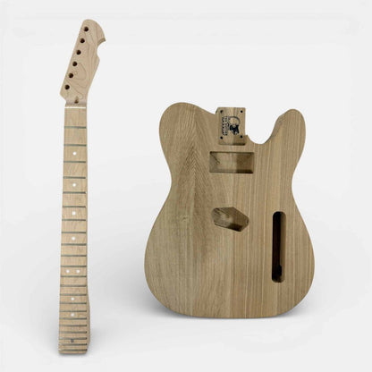 Maple neck and ash body shown separately with bolt-on connection point and pre-drilled hardware holes
