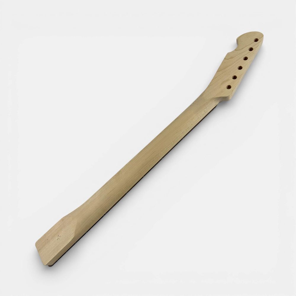 Maple neck from back showing fretboard and tuning peg holes in natural wood finish