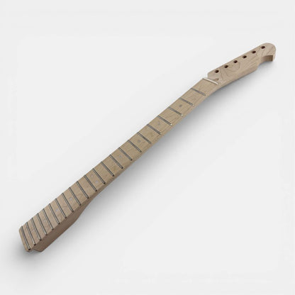 Maple neck front view displaying frets and headstock with chrome tuning machine mounting