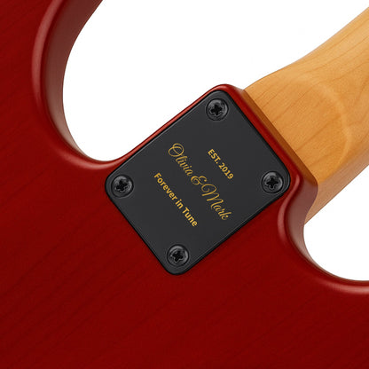 Black neck plate with gold engraved text on the back of a red guitar