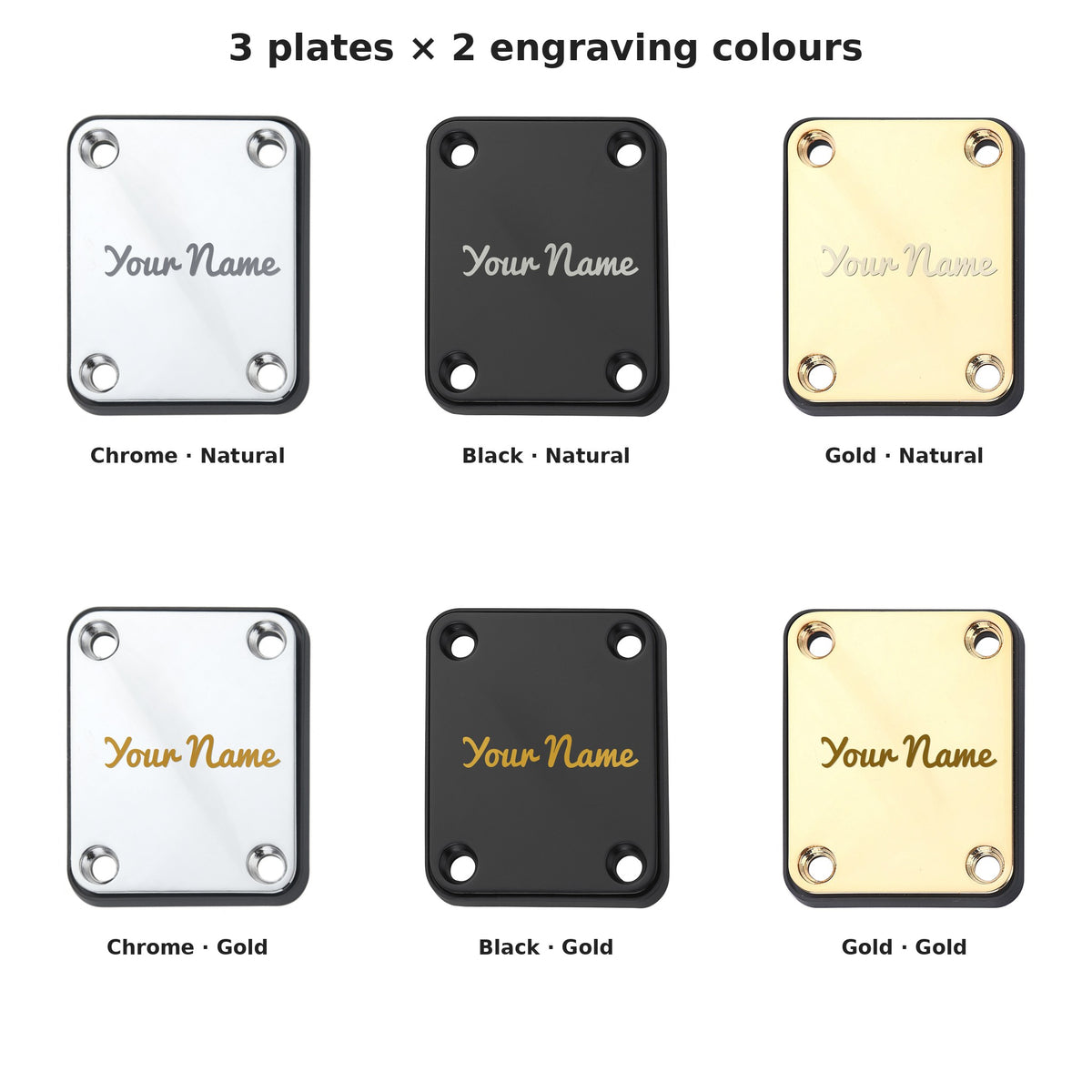 Chrome, black and gold neck plates with natural or gold engraving