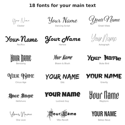 The 18 fonts available for the text of the engraved neck plate