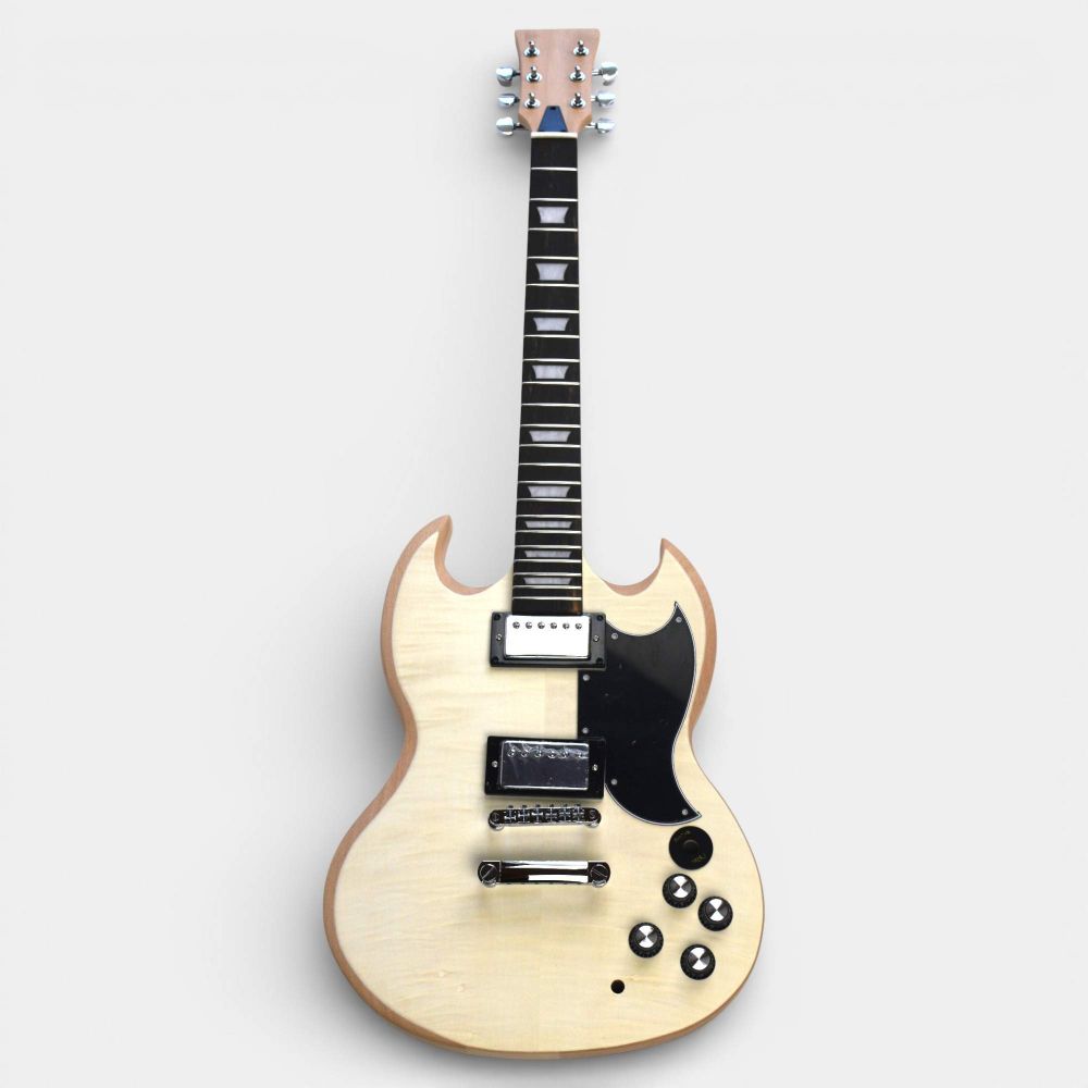 Assembled Solid-G full front view with headstock visible, chrome hardware, and completed wiring ready to play.