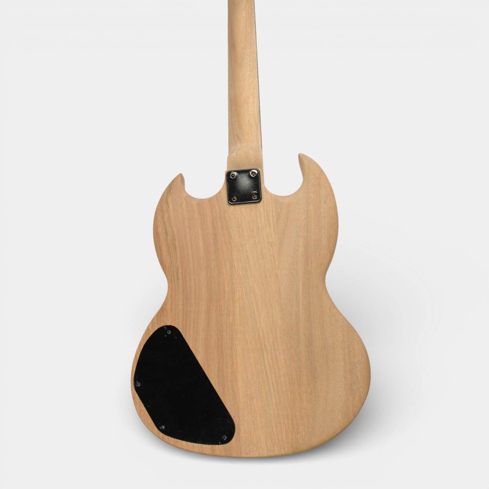Assembled Solid-G guitar back view showing natural wood finish, bolt-on neck, and chrome tuning hardware.