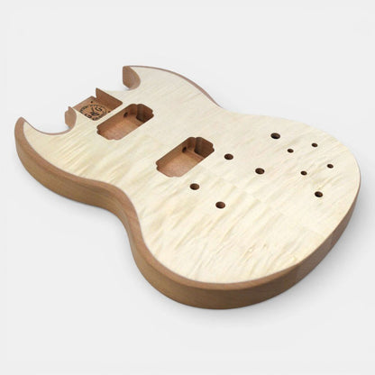 Solid-G body three-quarter view from front, showing flame maple top with contoured edges and pickup routing.