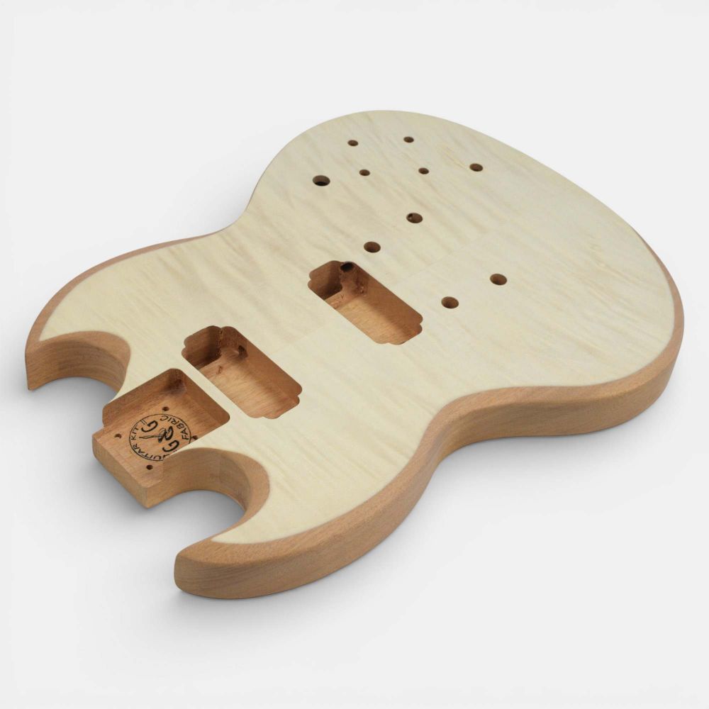 Solid-G body bottom view showing double-cut horns, pickup cavities, and mahogany with flame maple veneer detail.