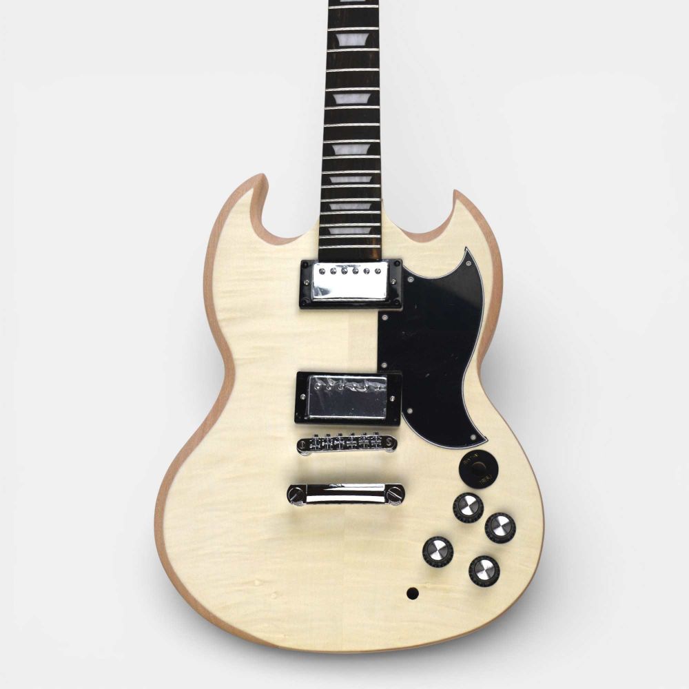Assembled Solid-G guitar front, displaying flame maple top, black pickguard, and pre-wired electronics installed.