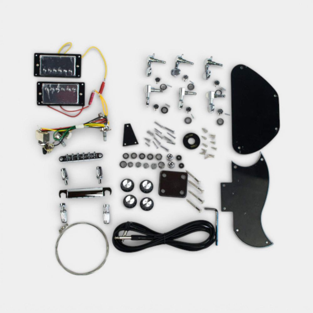 Close-up of Solid-G hardware and electronic components including pickups, tuning machines, and pre-wired assembly.