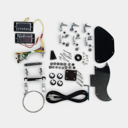 Close-up of Solid-G hardware and electronic components including pickups, tuning machines, and pre-wired assembly.