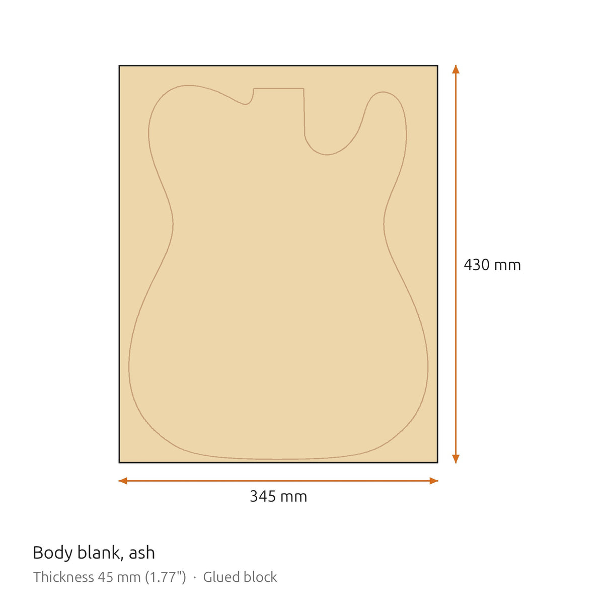 Maße des Rohlings aus Esche: 430 x 345 mm, 45 mm dick
