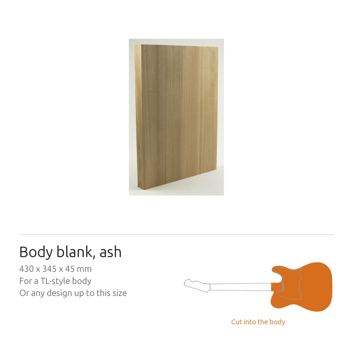 Korpus-Rohling aus Esche, 430 x 345 x 45 mm, für einen T-Style Gitarrenkorpus