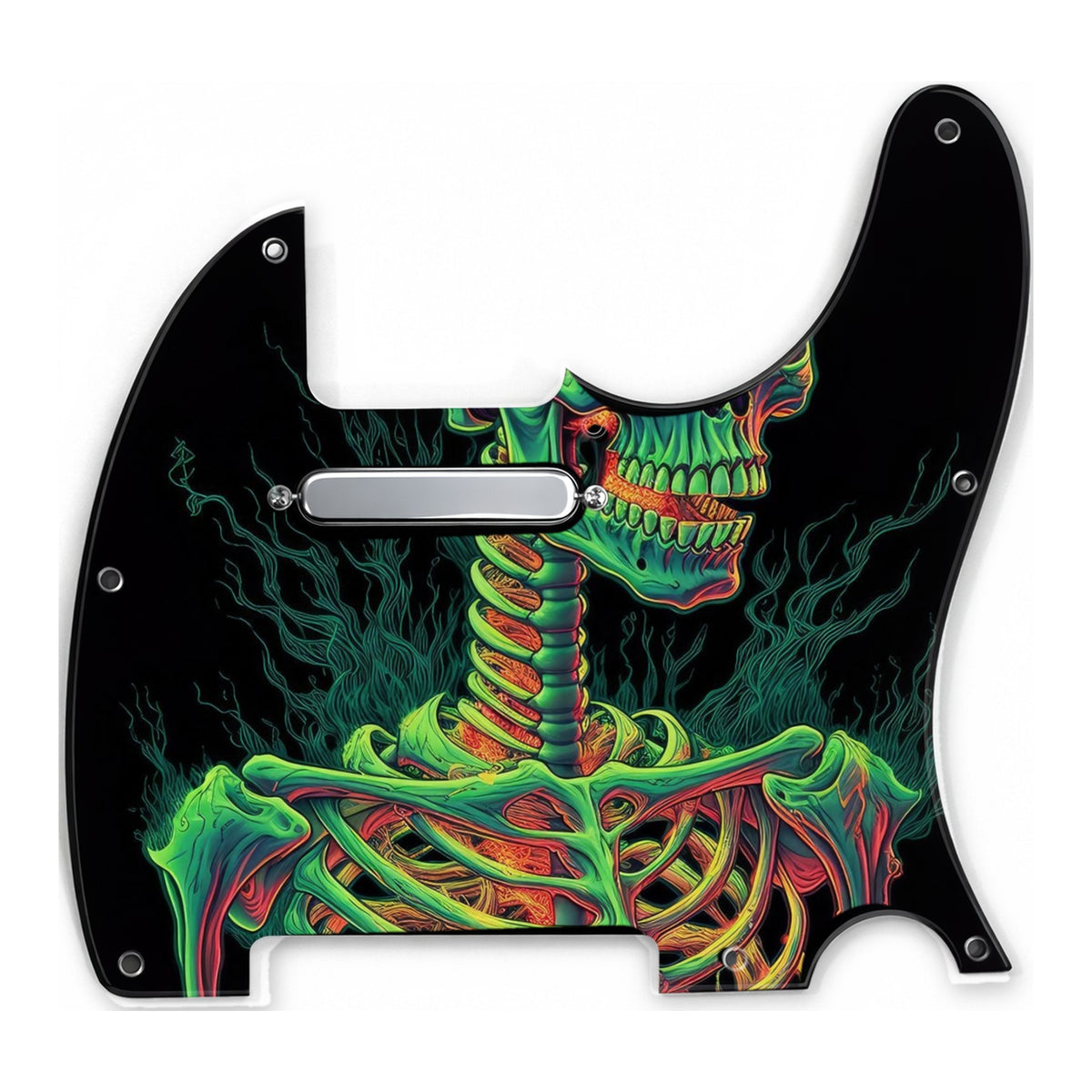 Pickguard type T précâblé imprimé avec un visuel tête de mort, micro manche et vis chromés