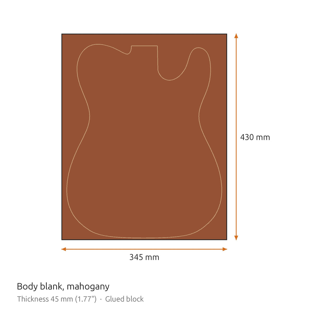 Misure del grezzo per corpo in mogano: 430 x 345 mm, spessore 45 mm