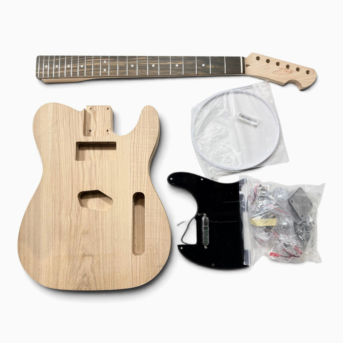 TL-style kit with a body routed for binding, neck, pickguard, hardware and binding strip