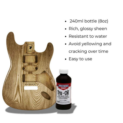Product benefits infographic listing 240mL size, glossy sheen, water resistance, and durability features