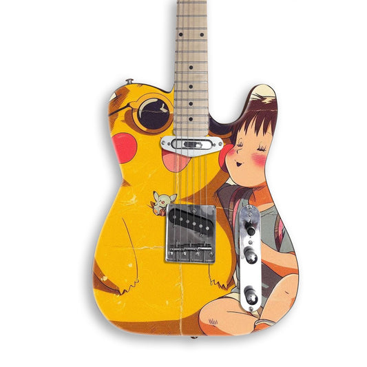 Vinilo para guitarra Amigos anime retro en una guitarra negra tipo Tele