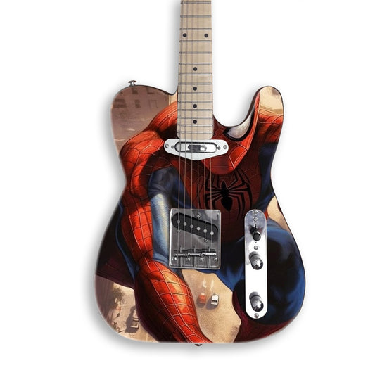 Wall-Crawling Hero Leap guitar skin on a black Tele-style guitar