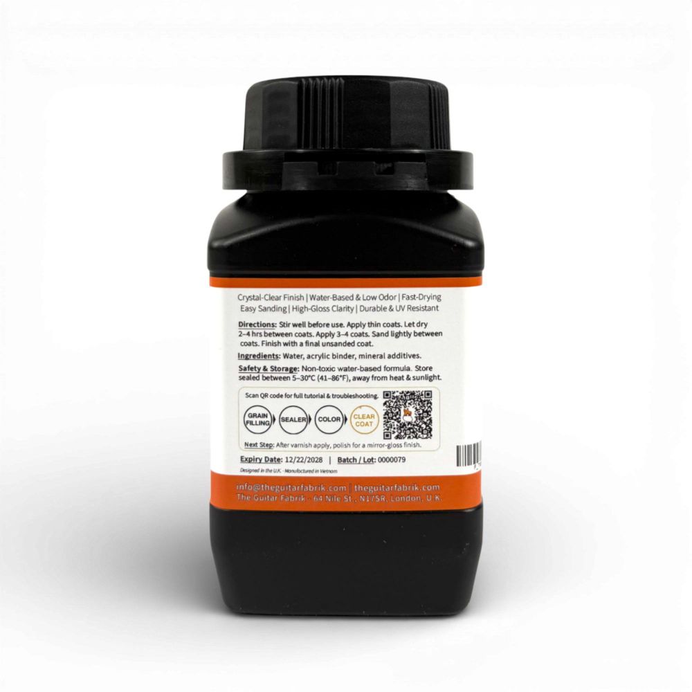 Back label of clear gloss varnish bottle detailing ingredients, directions, and safety information