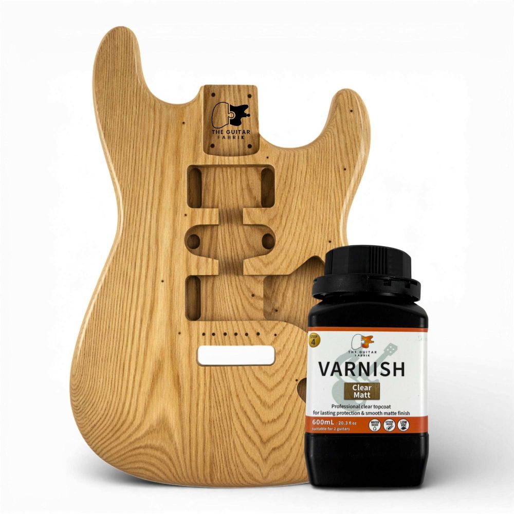 Water-Based Clear Matt Lacquer 600mL bottle displayed next to unfinished wooden guitar body