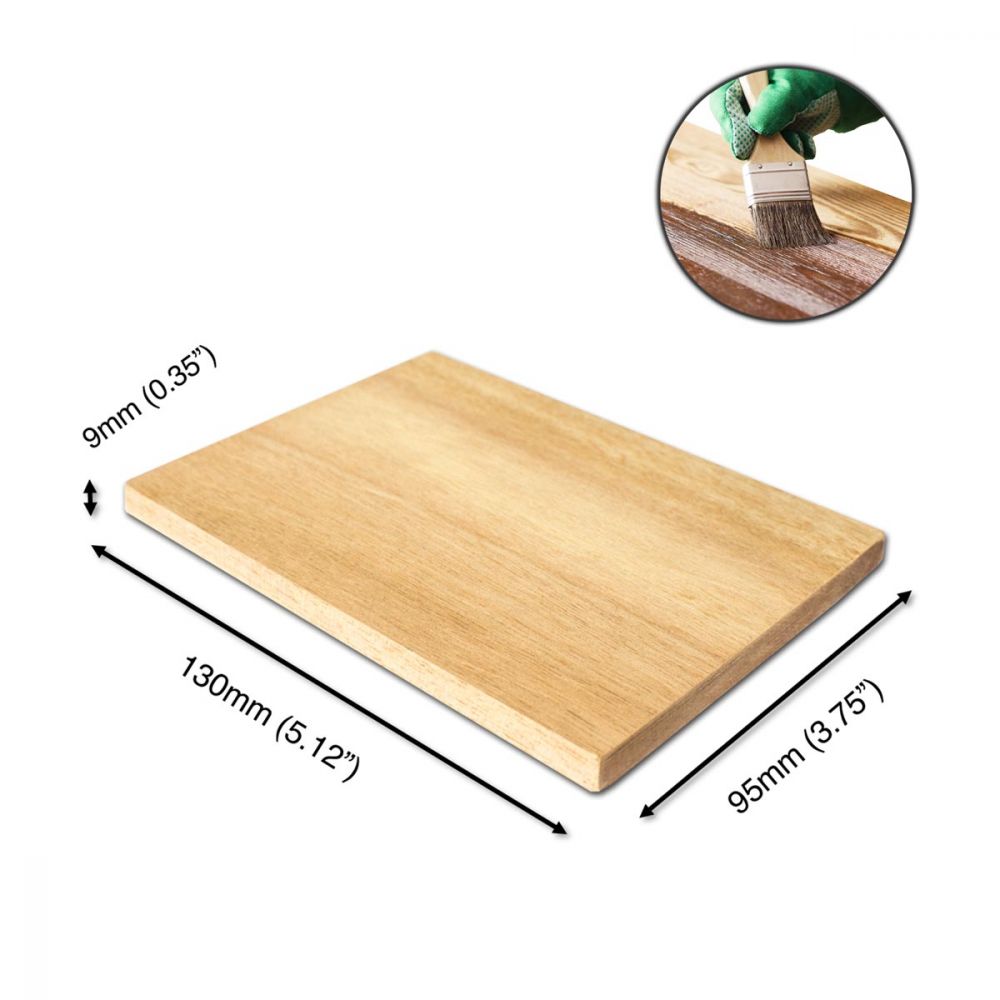 Ash wood paint testing block shown at angle with dimensions labeled, inset shows brush applying finish to wood surface