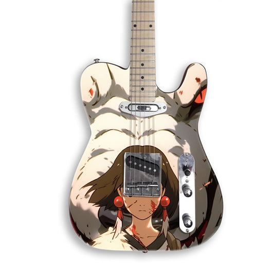 Vinilo para guitarra Chica guerrera lobo en una guitarra negra tipo Tele