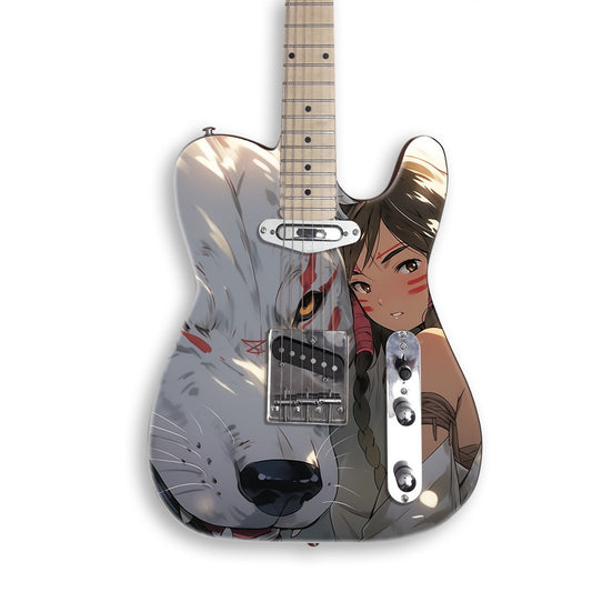 Vinilo para guitarra Lobo blanco en una guitarra negra tipo Tele