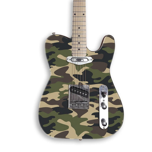 Woodland Camo Pattern guitar skin on a black Tele-style guitar