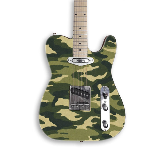 Woodland Green Camo guitar skin on a black Tele-style guitar